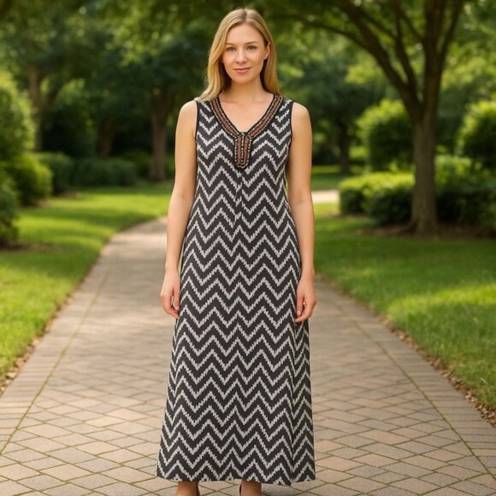 Chico's Tribal Print Beaded Sleeveless Maxi Dress Size 2 (Women's L) Brown White